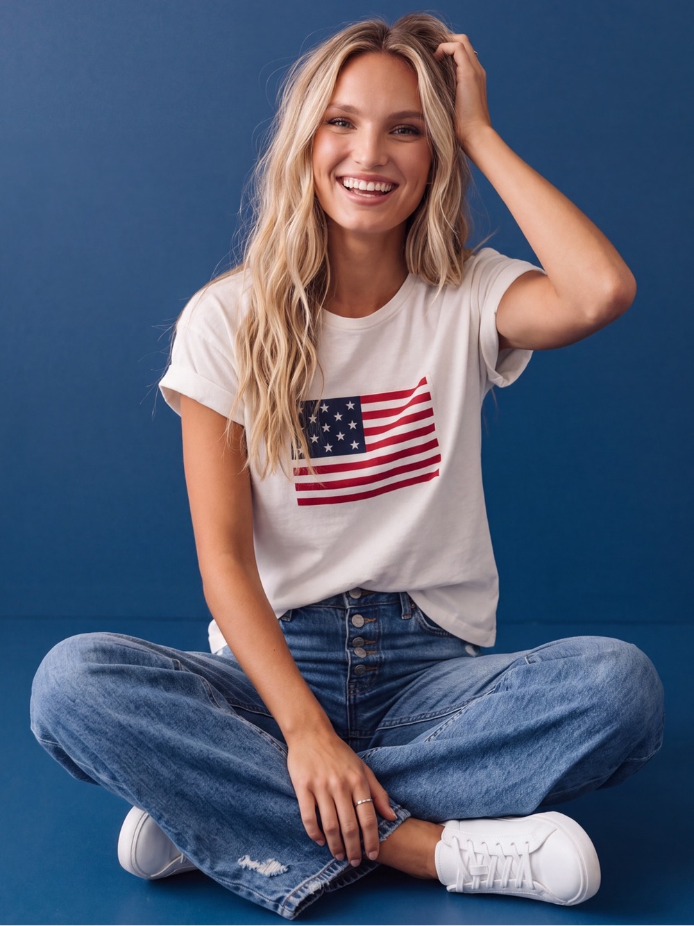 Zenana Outfitters White Graphic Tee with Red & Blue Flag